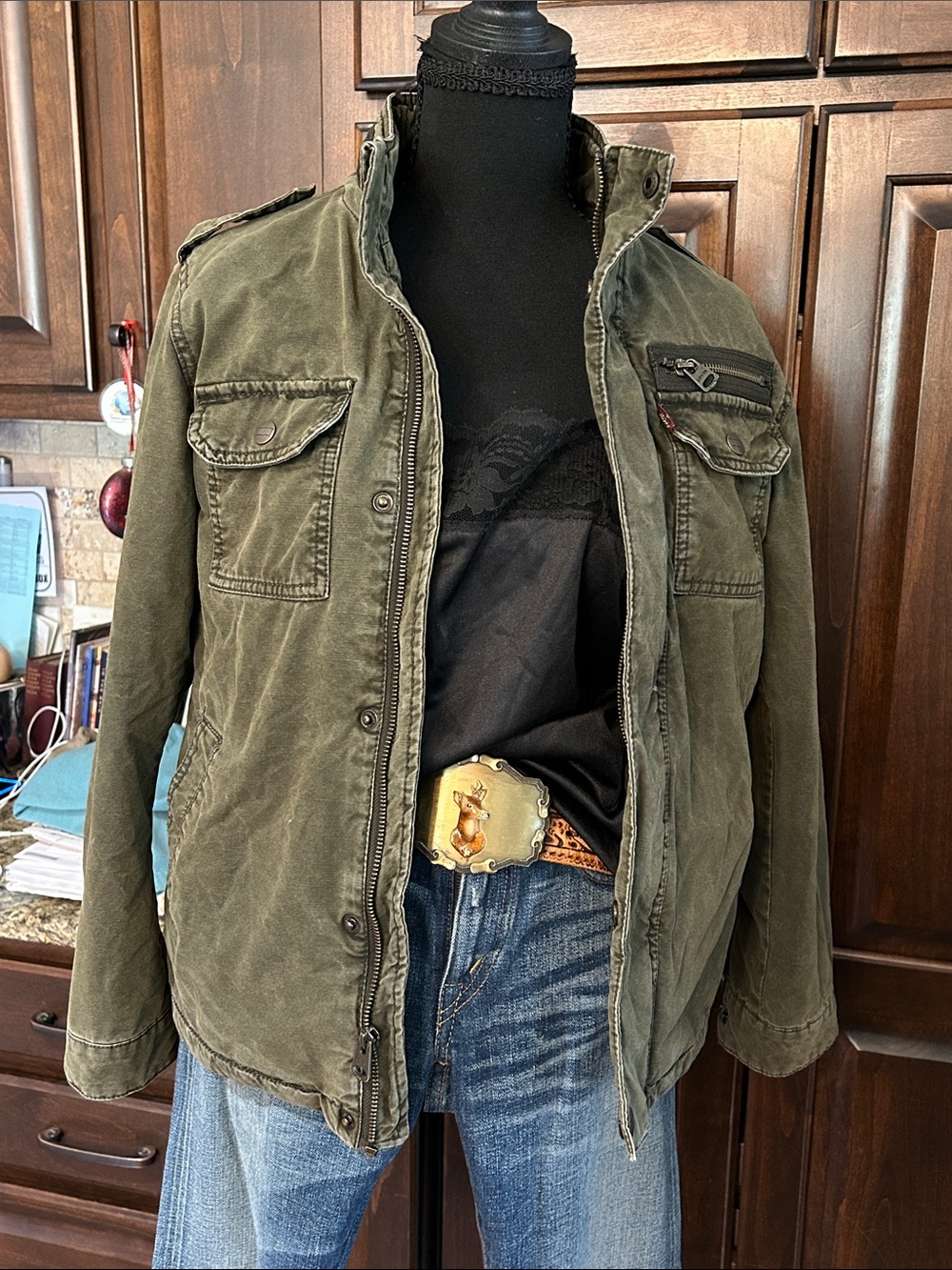 Youth Sz M Levis Olive Green Military-Style Denim Jacket
